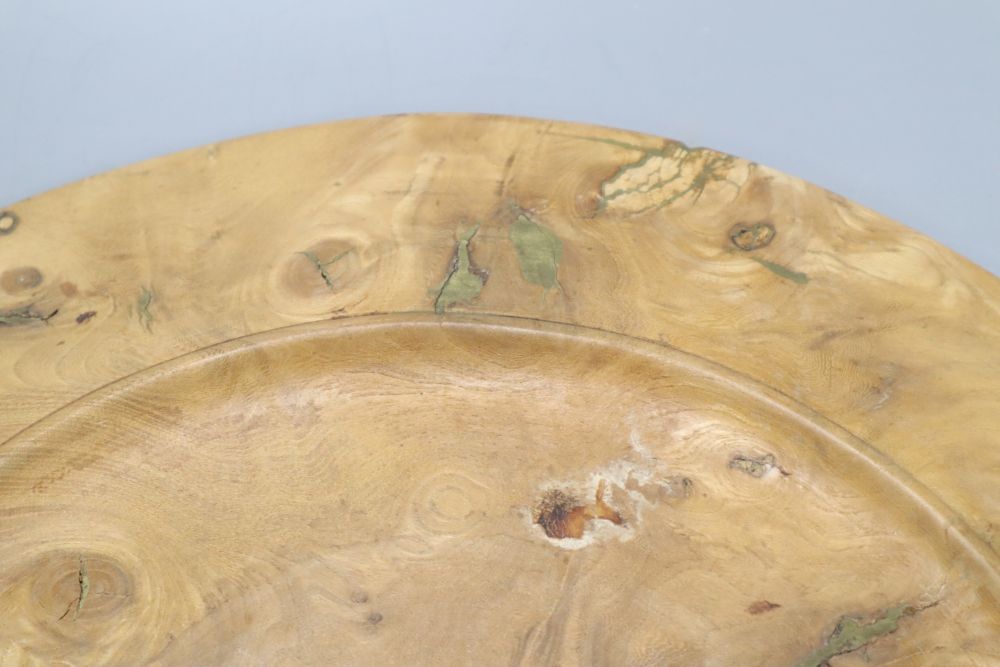 A burr elm wooden plate, diameter 39cm